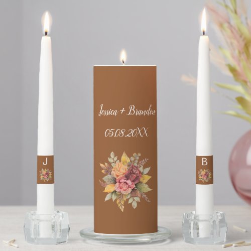 Fall Autumn Terracotta Floral Monogram Wedding Unity Candle Set