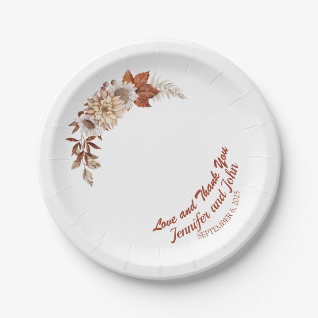 Fall Autumn Terracotta Rustic Floral Wedding Paper Plates (Front)