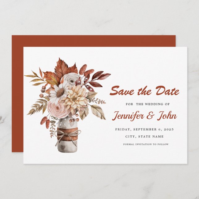 Fall Autumn Terracotta Rustic Floral Wedding Save The Date (Front/Back)