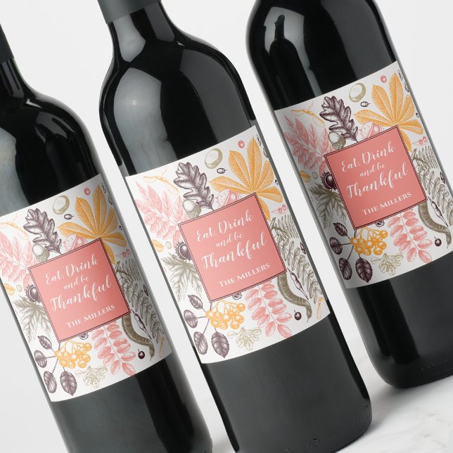 Fall Autumn Thanksgiving Botanicals Wine Label (Fall Autumn Thanksgiving Botanicals Wine Bottle Labels)