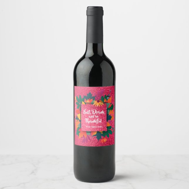 Fall Autumn Thanksgiving Leaves and Sunflower Wine Label (Front)