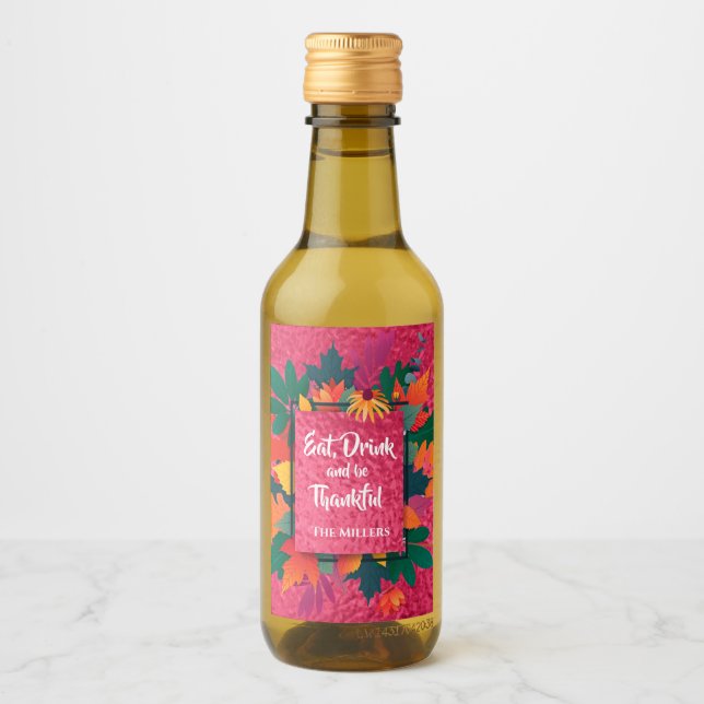 Fall Autumn Thanksgiving Leaves on Hot Pink Wine Label (Front)