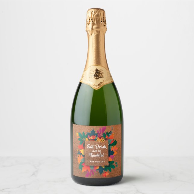 Fall Autumn Thanksgiving Leaves on Leather Sparkling Wine Label (Front)