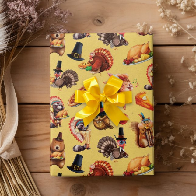 Fall Autumn Thanksgiving Turkey Animals Pie Wrapping Paper (Creator Uploaded)