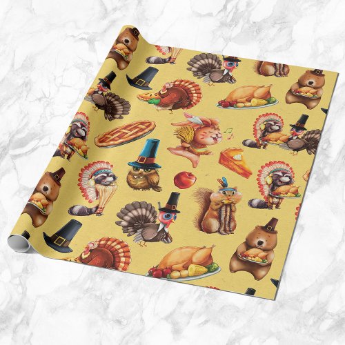 Fall Autumn Thanksgiving Turkey Animals Pie Wrapping Paper