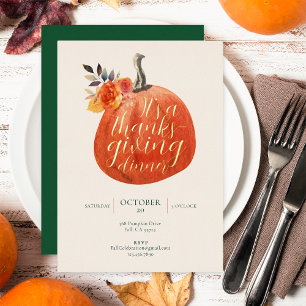 Fall Autumn Thanksgiving Watercolor Pumpkin Gold Foil Invitation