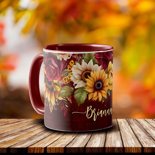 Fall autumn themed burgundy roses sunflowers mug