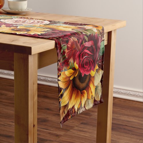 Fall autumn themed burgundy roses sunflowers  short table runner