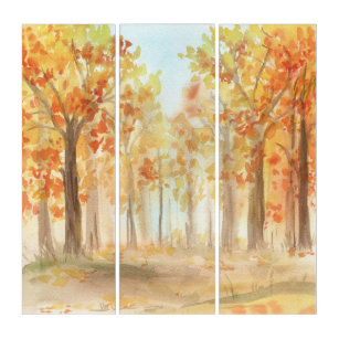Fall Autumn Trees Orange Leaves Watercolor   Triptych