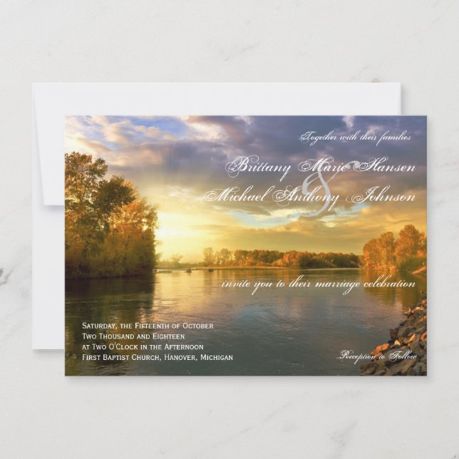 Fall Autumn Trees River Sunset Wedding Invitations (Front)