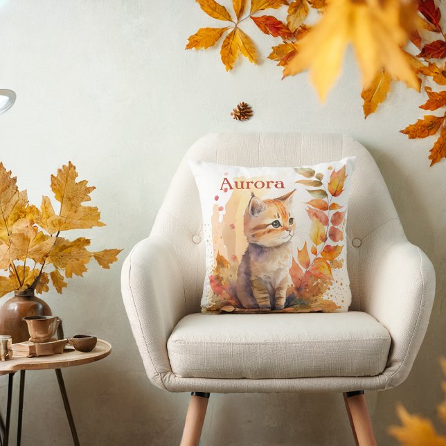 Fall / Autumn Vibes Kitten  - Personalized   Throw Pillow (Creator Uploaded)