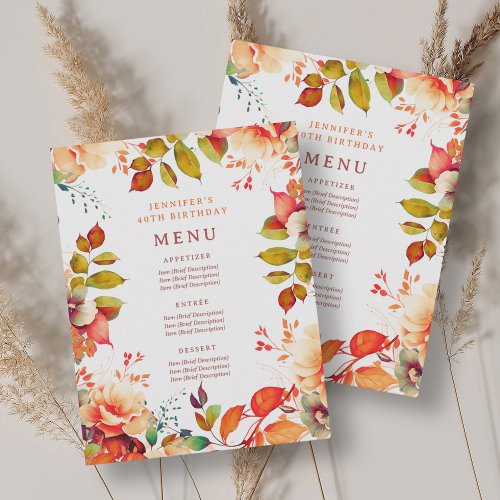 Fall Autumn Watercolor Floral 40th Birthday Menu Invitation