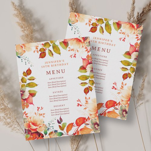 Fall Autumn Watercolor Floral 50th Birthday Menu Invitation