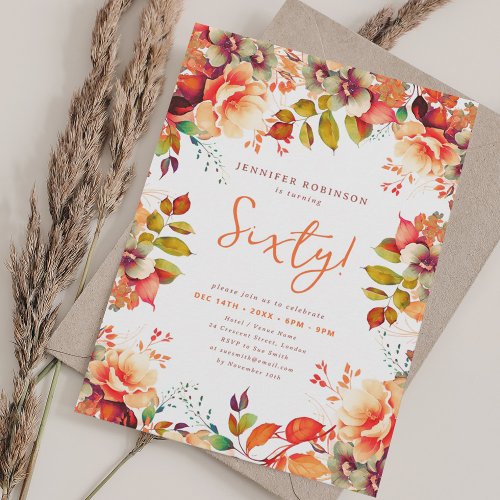 Fall Autumn Watercolor Floral 60th Birthday  Invitation