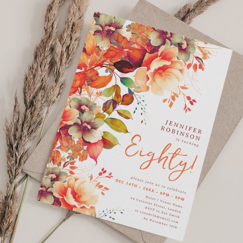 Fall Autumn Watercolor Floral 80th Birthday  Invitation