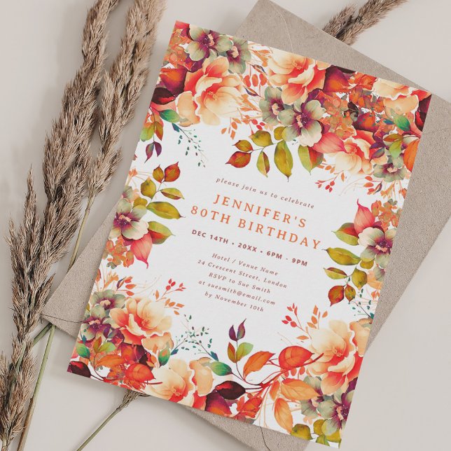 Fall Autumn Watercolor Floral 80th Birthday  Invitation (Fall Autumn Watercolor Floral 80th Birthday Invitation)