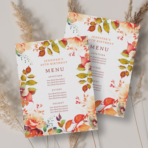 Fall Autumn Watercolor Floral 80th Birthday Menu Invitation