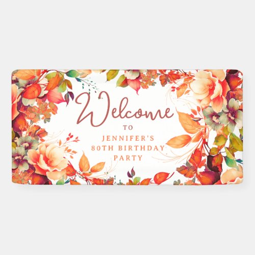 Fall Autumn Watercolor Floral 80th Birthday Party Banner
