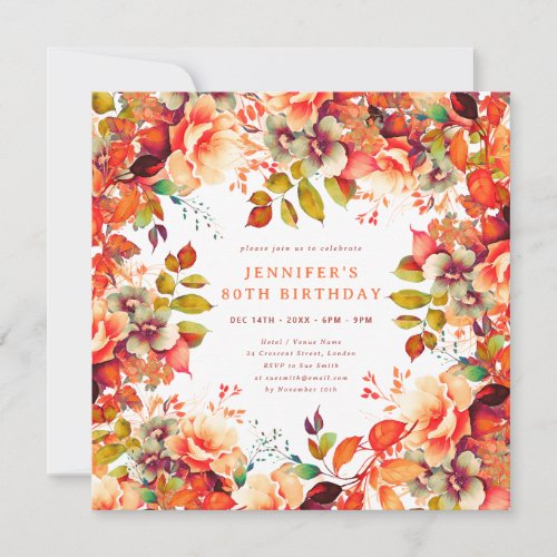 Fall Autumn Watercolor Floral 80th Birthday Party Invitation