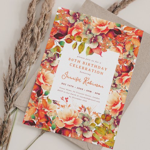 Fall Autumn Watercolor Floral 80th Birthday Party  Invitation