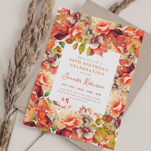 Fall Autumn Watercolor Floral 90th Birthday Invitation