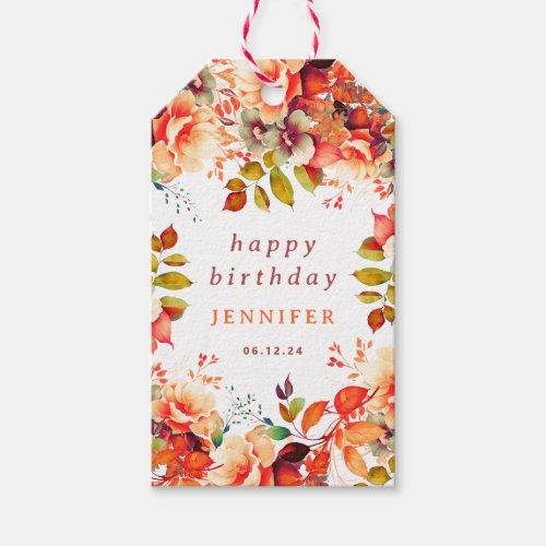 Fall Autumn Watercolor Floral Any Age Birthday  Gift Tags