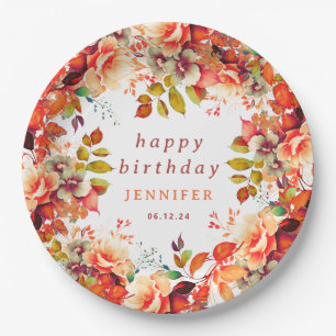 Fall Autumn Watercolor Floral Any Age Birthday Paper Plates