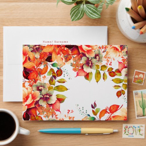 Fall Autumn Watercolor Floral Birthday Wedding Envelope