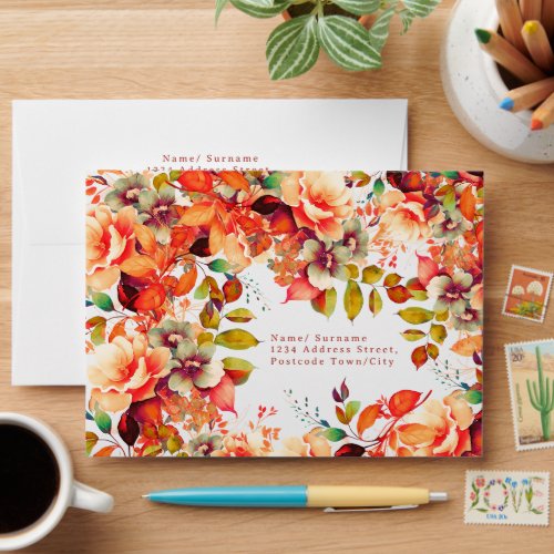 Fall Autumn Watercolor Floral Birthday Wedding Envelope