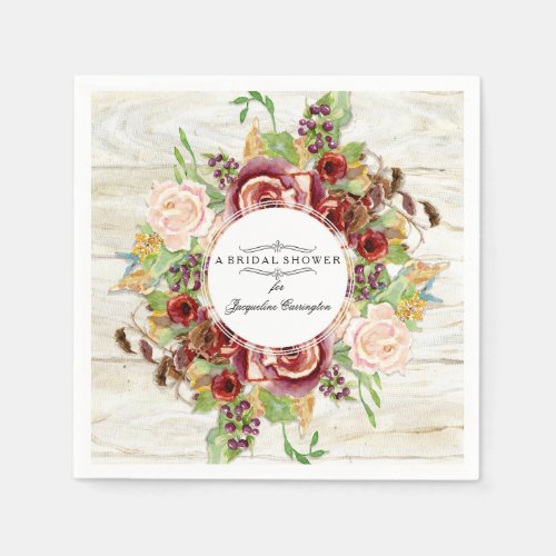 Fall Autumn Watercolor Floral Wreath Bridal Shower Paper Napkins