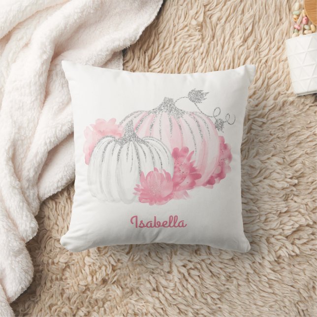 Fall Autumn Watercolor Glitter Pumpkin Pink White  Throw Pillow (Blanket)