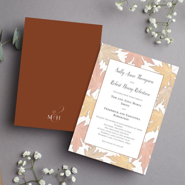 Fall Autumn Watercolor Leaf Wedding Custom Invitation (Autumn fall wedding invitation template.)