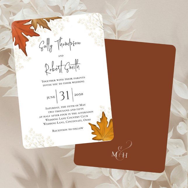 Fall Autumn Watercolor Leaves Custom Wedding Invitation (Elegant fall wedding invitation with watercolor leaves. )