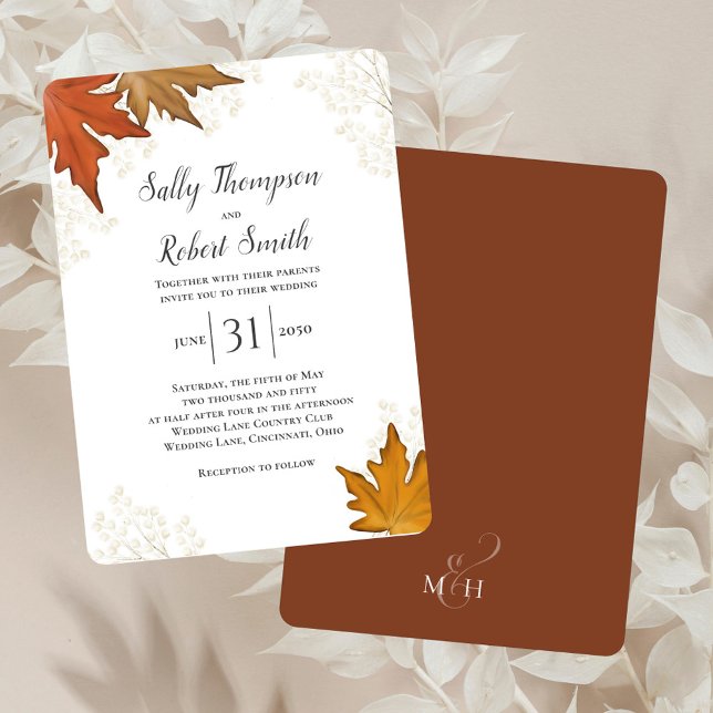 Fall Autumn Watercolor Leaves Wedding Custom Invitation (Elegant fall foliage wedding invitation.)