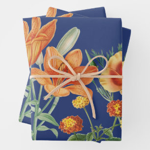 Fall Autumn Watercolor Orange Floral Blue Wrapping Paper Sheets