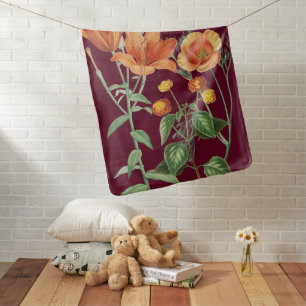 Fall Autumn Watercolor Orange Floral Burgundy Baby Blanket