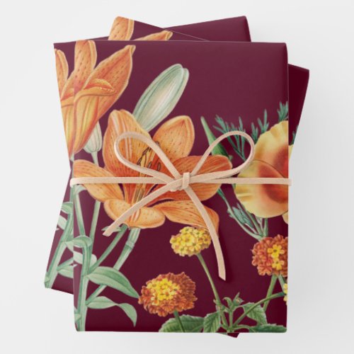 Fall Autumn Watercolor Orange Floral Burgundy Wrapping Paper Sheets
