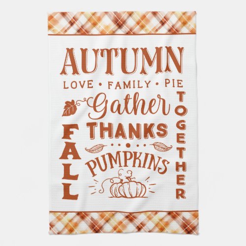 Fall Autumn Watercolor Orange Plaid Collage Kitchen Towel