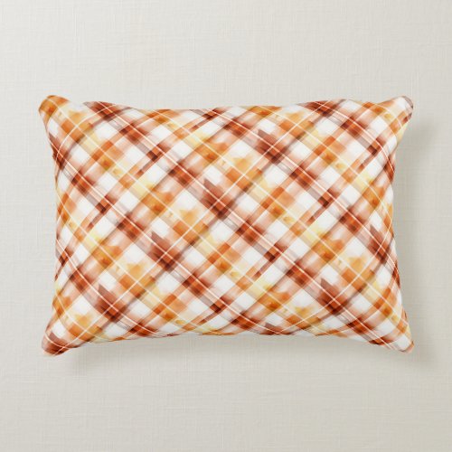 Fall Autumn Watercolor Orange Plaid Pattern Accent Pillow
