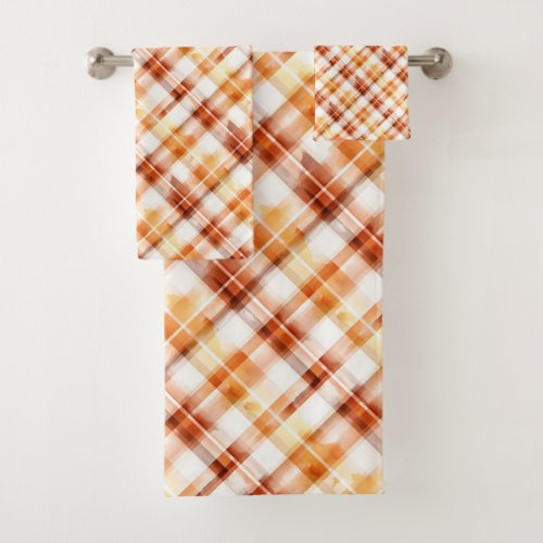 Fall Autumn Watercolor Orange Plaid Pattern Bath Towel Set