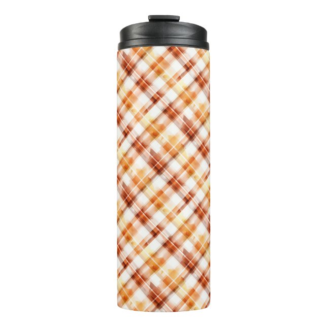 Fall Autumn Watercolor Orange Plaid Pattern Thermal Tumbler (Front)