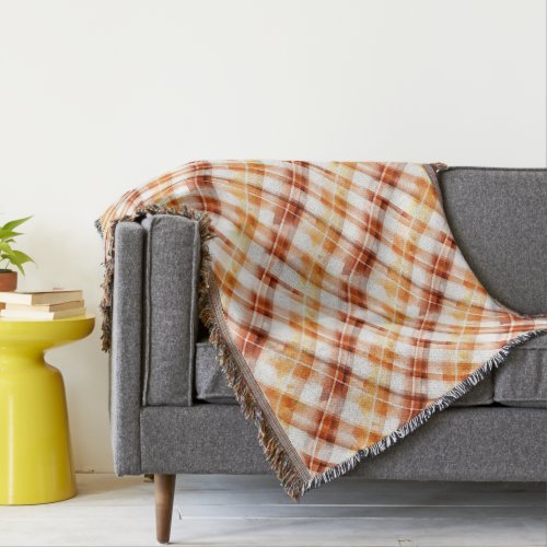 Fall Autumn Watercolor Orange Plaid Pattern Throw Blanket