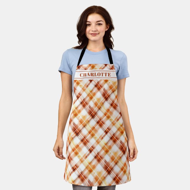 Fall Autumn Watercolor Orange Plaid Personalized Apron (Worn)