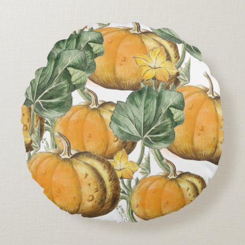 Fall Autumn Watercolor Vintage Pumpkins Round Pillow