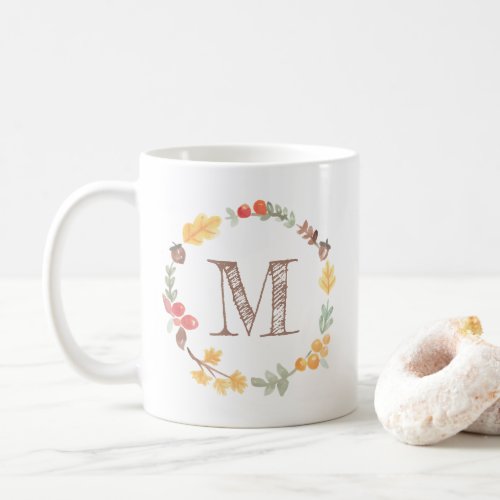 Fall Autumn Watercolor Wreath Monogram Coffee Mug