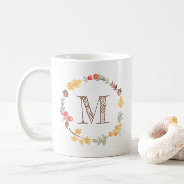 Fall Autumn Watercolor Wreath Monogram Coffee Mug (With Donut)