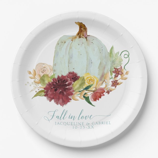 Fall Autumn Wedding Aqua Blue Pumpkin Floral Paper Plates (Front)