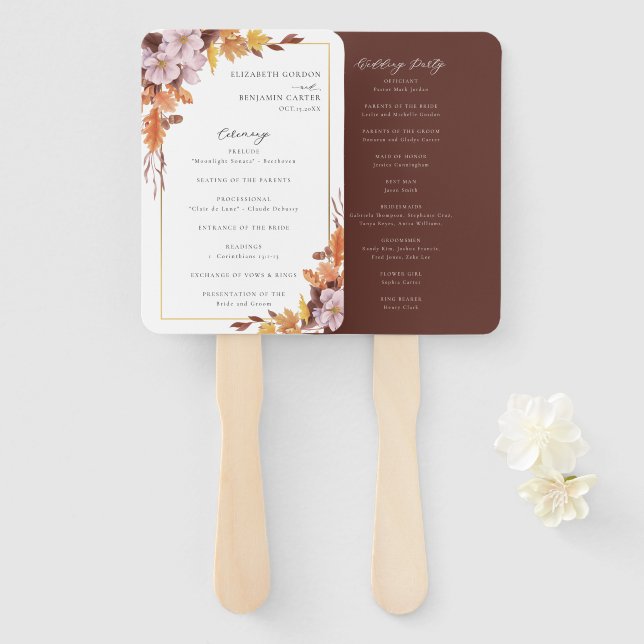 Fall Autumn Wedding Ceremony Program Elegant  Hand Fan (Front and Back)