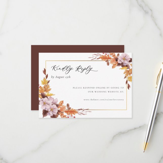 Fall Autumn Wedding Floral Kindly Reply Online RSVP Card (Front/Back In Situ)
