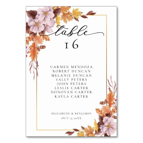 Fall Autumn Wedding Floral Seating Chart Script Table Number
